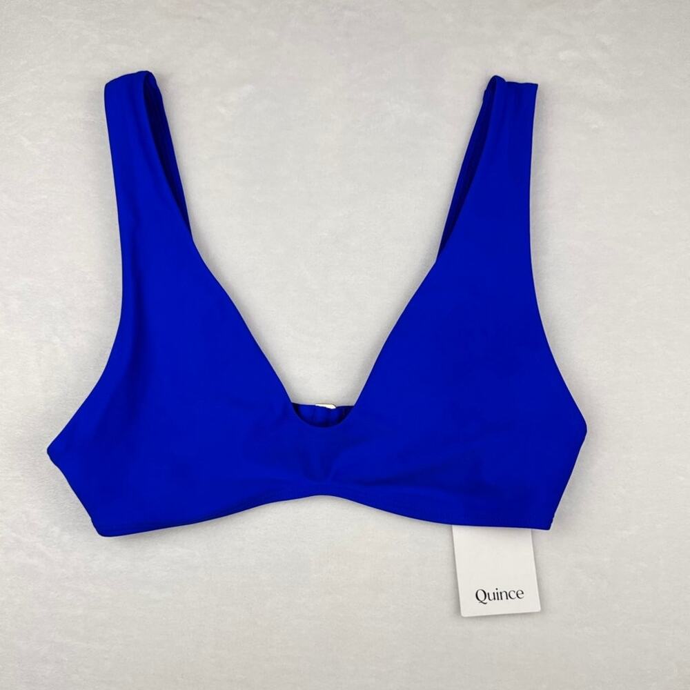 NWT Quince Cobalt Blue Plunge Bikini Top Wide Strap Clasp Size Medium